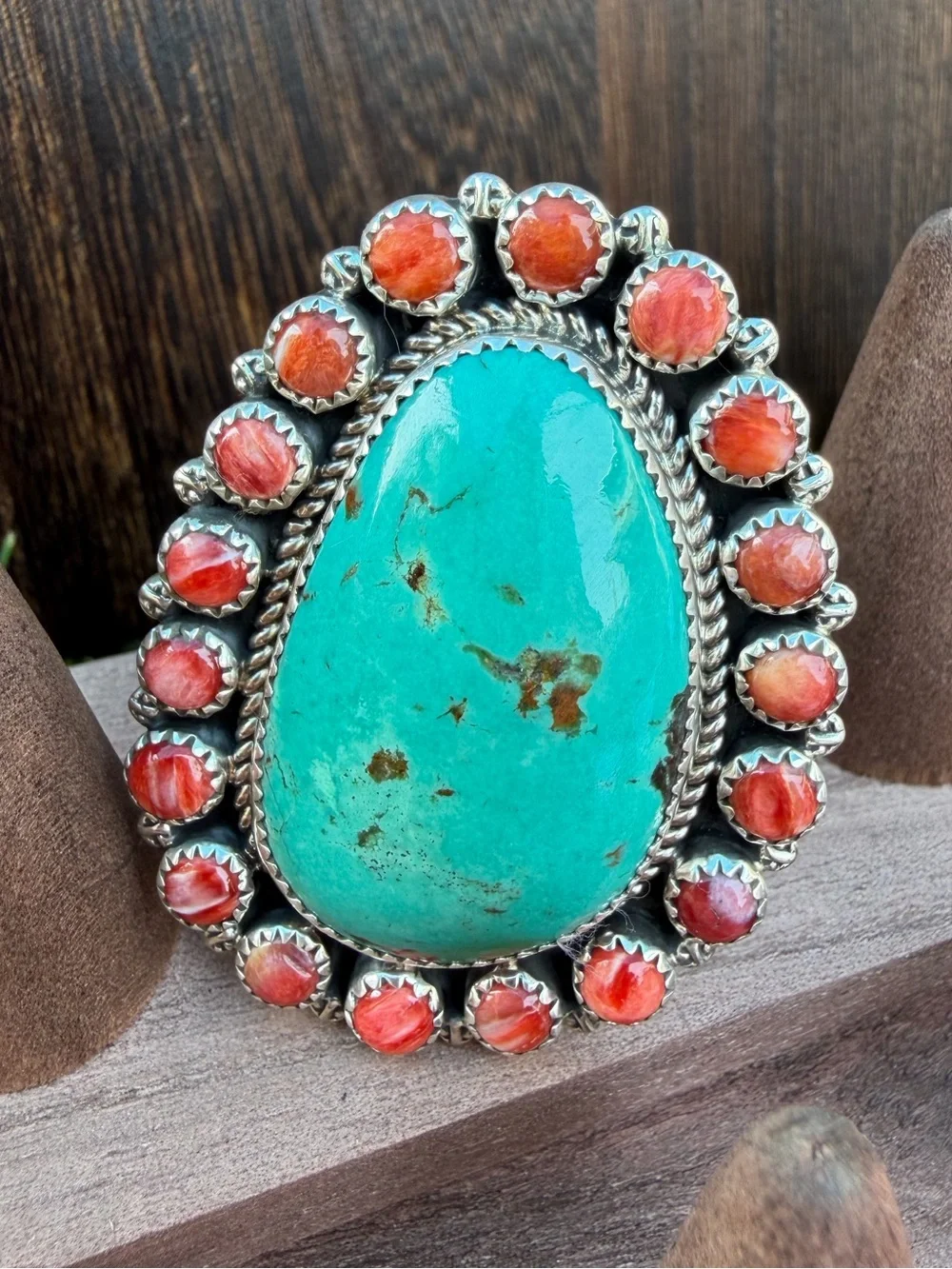 Navajo Handmade Turquoise and Red Spiny Statement Ring - Signed by artist. Size8